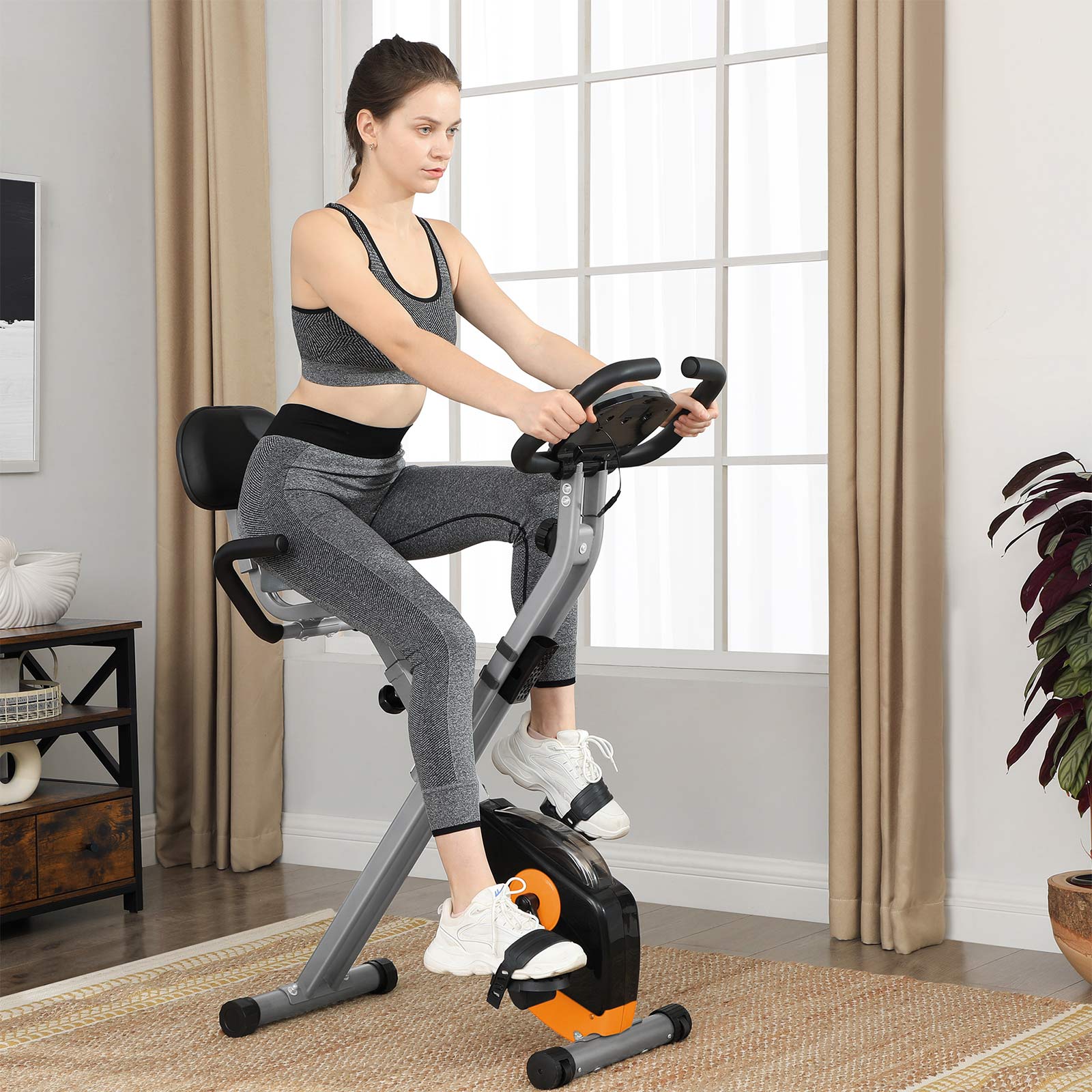 Foldable Exercise Bike – Steel – Orange and Grey – Backrest, Pulse Sensor, Phone Holder, 8 Magnetic Resistance Levels