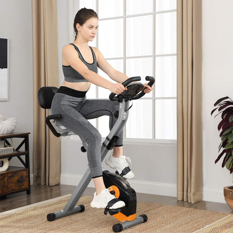 Foldable Exercise Bike – Steel – Orange and Grey – Backrest, Pulse Sensor, Phone Holder, 8 Magnetic Resistance Levels
