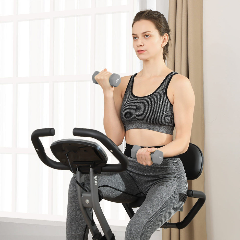 Foldable Exercise Bike – Steel – Orange and Grey – Backrest, Pulse Sensor, Phone Holder, 8 Magnetic Resistance Levels