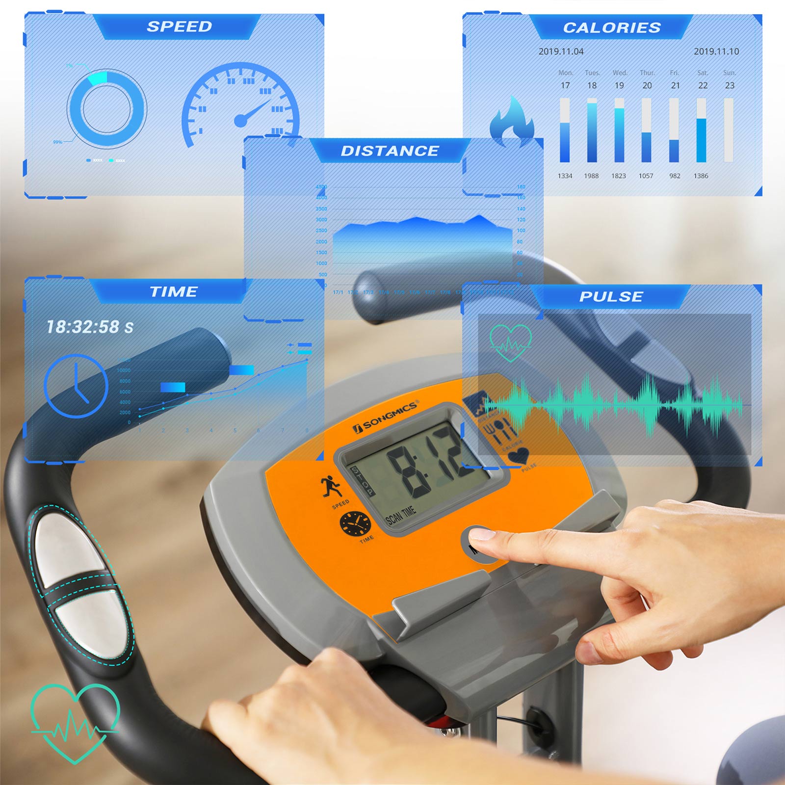 Foldable Exercise Bike – Steel – Orange and Grey – Backrest, Pulse Sensor, Phone Holder, 8 Magnetic Resistance Levels