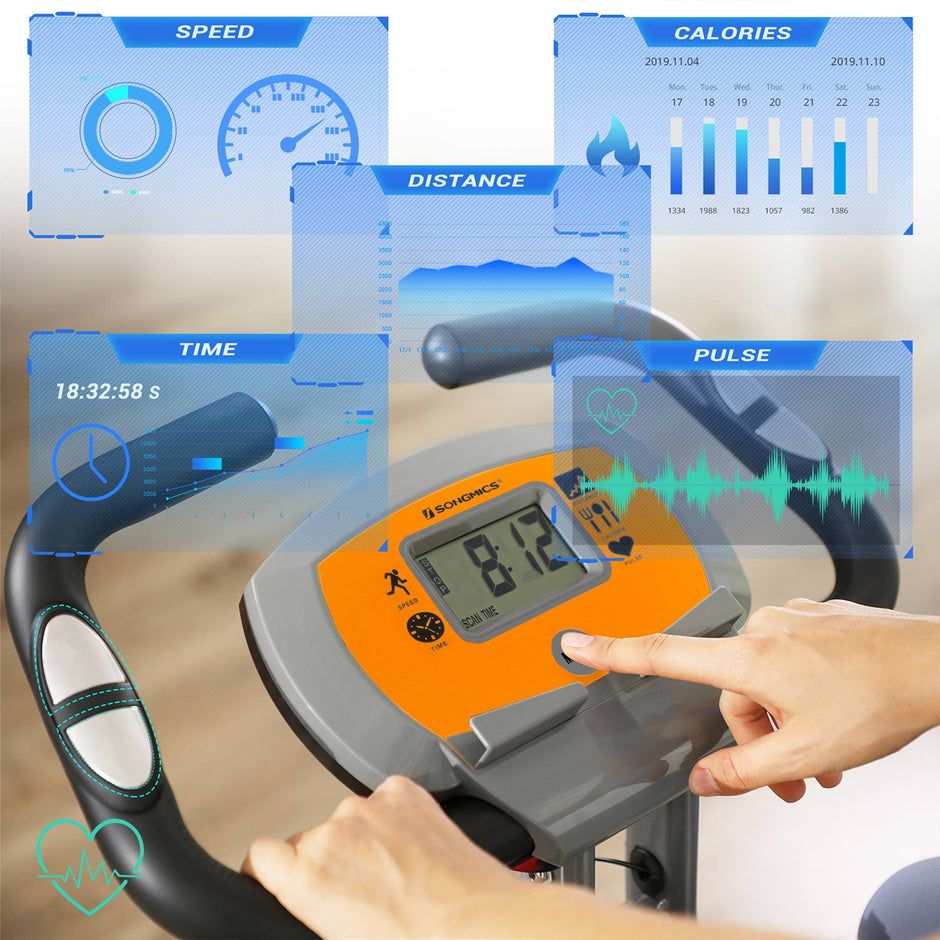 Foldable Exercise Bike – Steel – Orange and Grey – Backrest, Pulse Sensor, Phone Holder, 8 Magnetic Resistance Levels