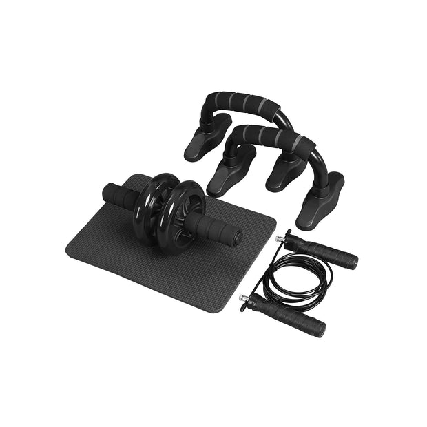 3-In-1 Home Gym Equipment Set – Durable Materials – Black – Includes Ab Roller, Push-Up Bar, Skipping Rope, and Knee Pad for Full Body Workout