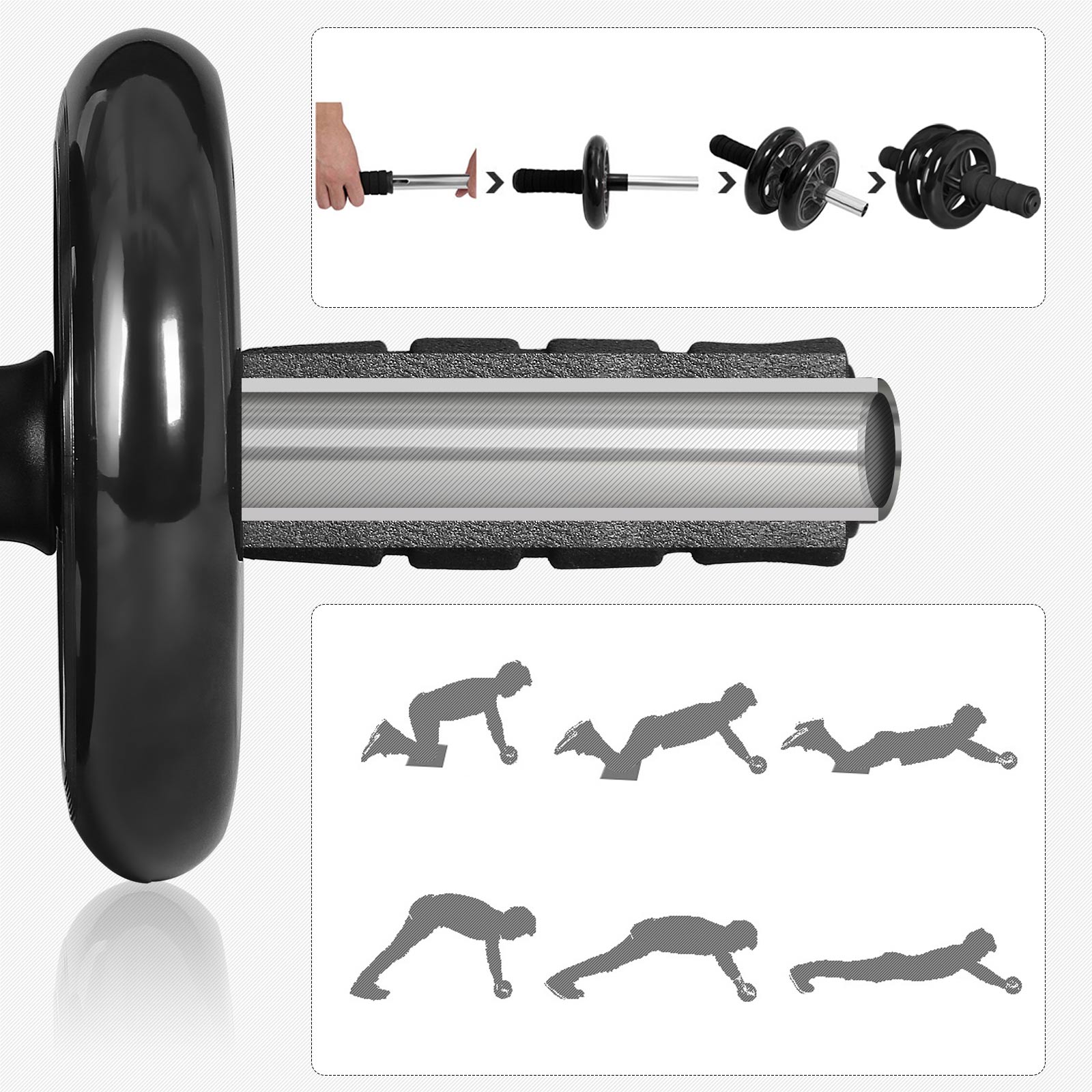 3-In-1 Home Gym Equipment Set – Durable Materials – Black – Includes Ab Roller, Push-Up Bar, Skipping Rope, and Knee Pad for Full Body Workout