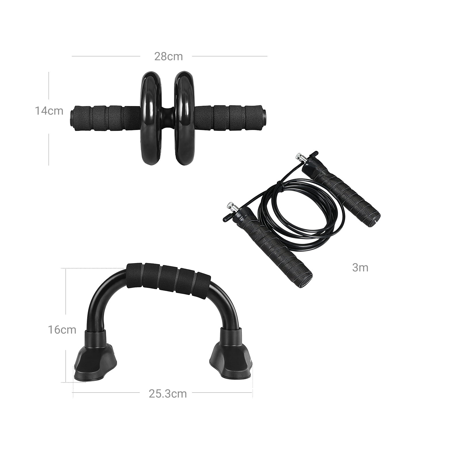 3-In-1 Home Gym Equipment Set – Durable Materials – Black – Includes Ab Roller, Push-Up Bar, Skipping Rope, and Knee Pad for Full Body Workout