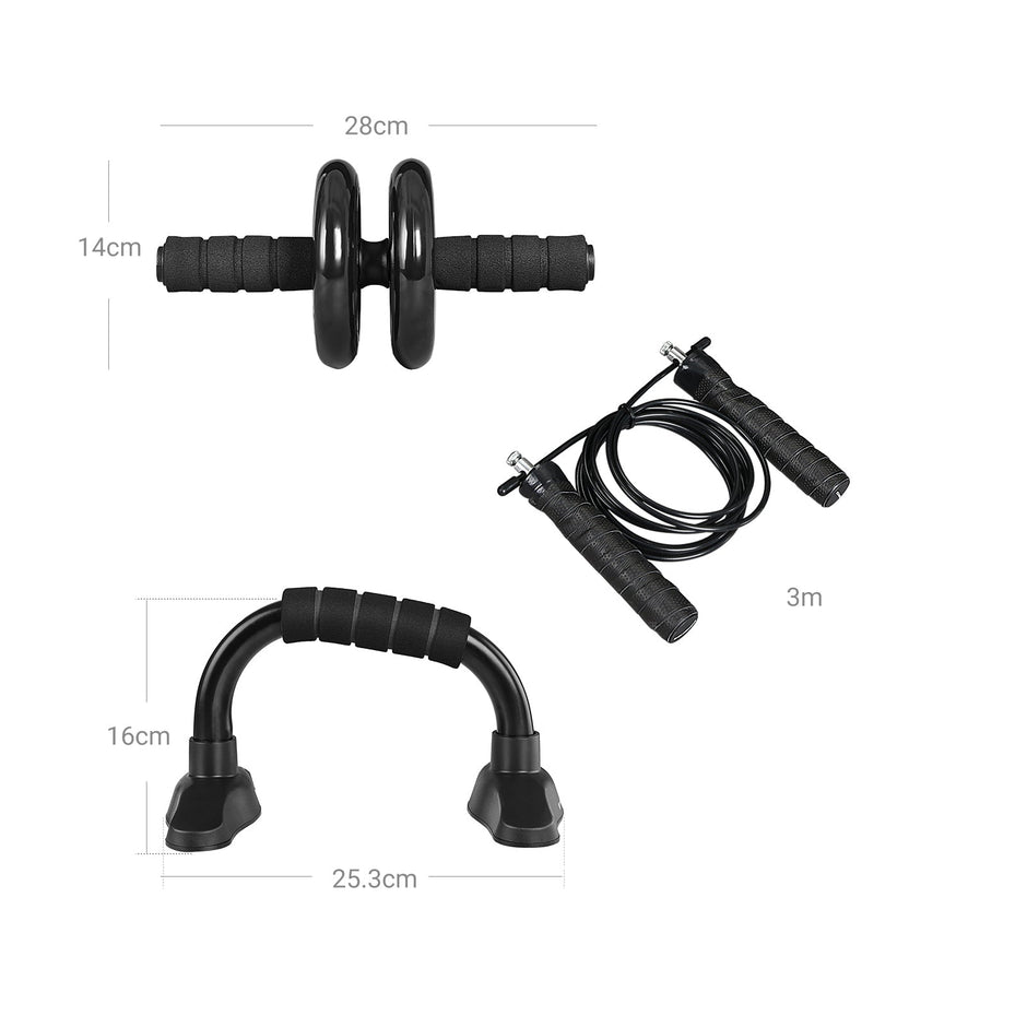 3-In-1 Home Gym Equipment Set – Durable Materials – Black – Includes Ab Roller, Push-Up Bar, Skipping Rope, and Knee Pad for Full Body Workout