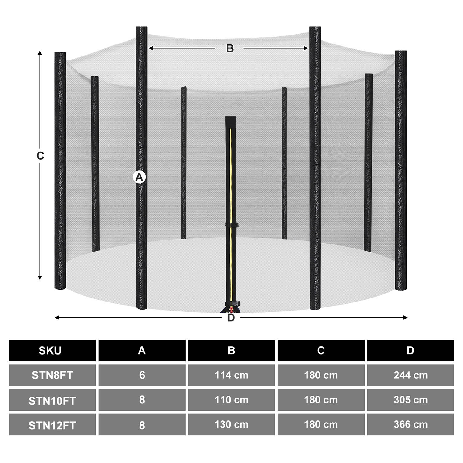Trampoline Safety Net – Mesh – Black – For 12 ft Round Trampoline with 8 Straight Poles