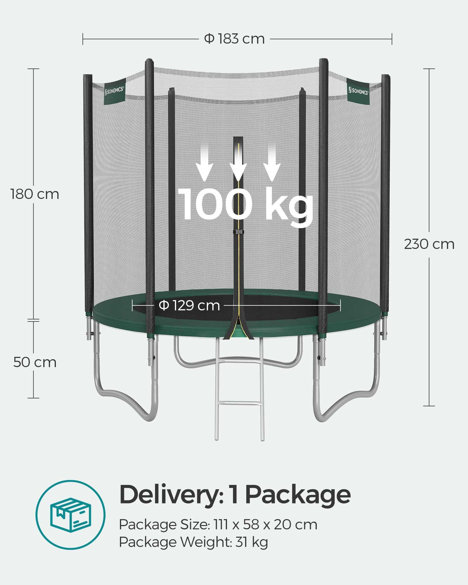 Trampoline – Dark Green – 10 ft – Complete Set with Safety Enclosure Net and Ladder