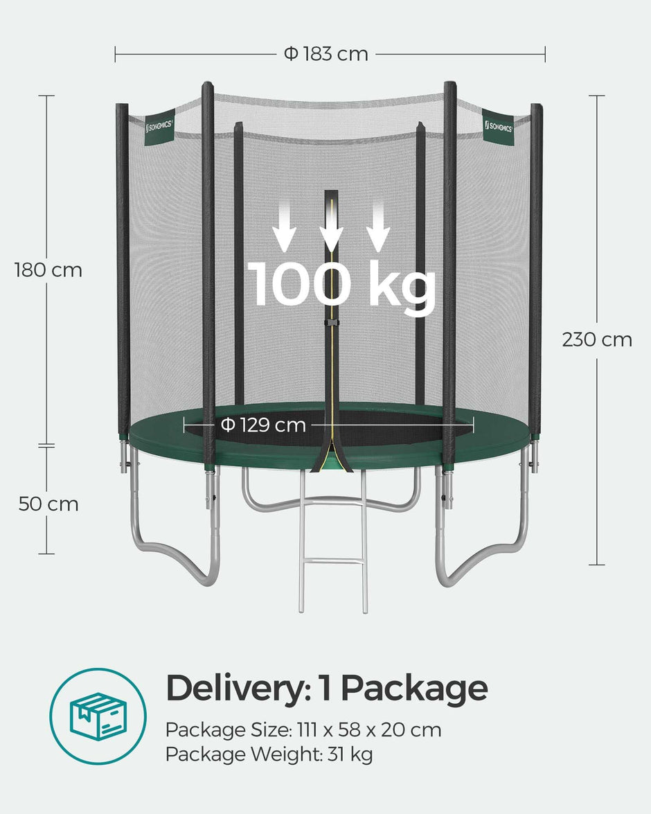 Trampoline – Dark Green – 10 ft – Complete Set with Safety Enclosure Net and Ladder
