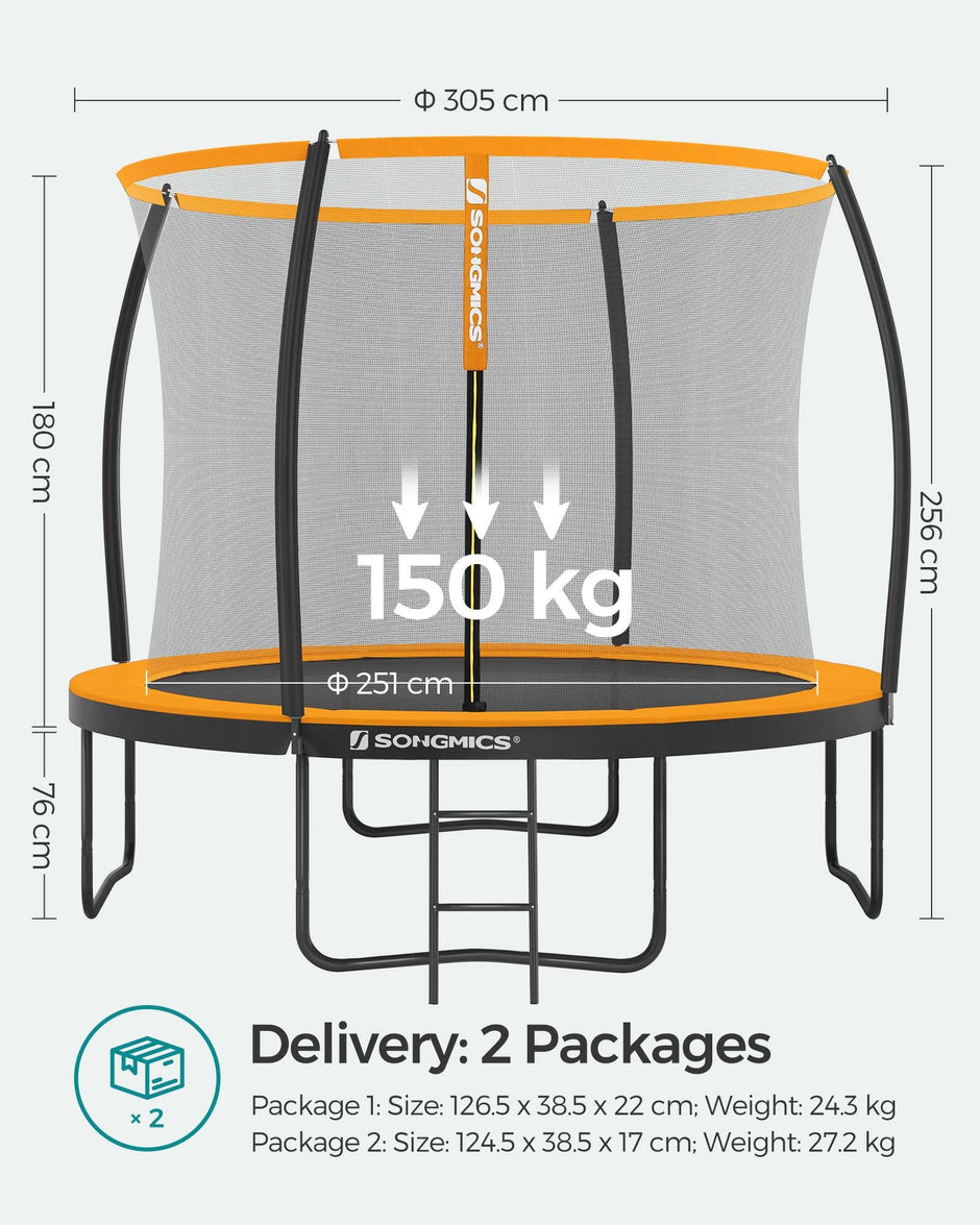 Round Trampoline – Fabric and Metal – 10ft – Safety Net Enclosure with Ladder and Padded Arch Poles