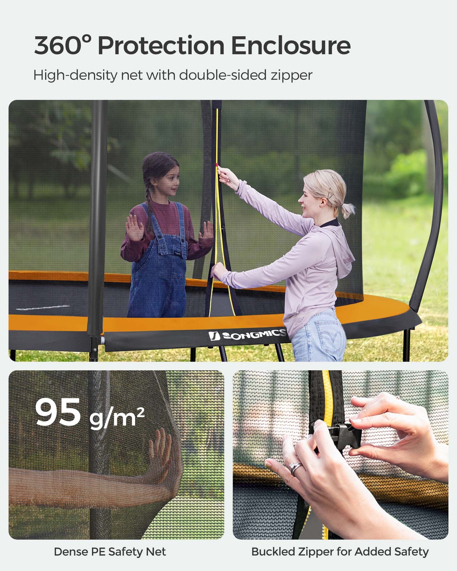 Round Trampoline – Fabric and Metal – 10ft – Safety Net Enclosure with Ladder and Padded Arch Poles