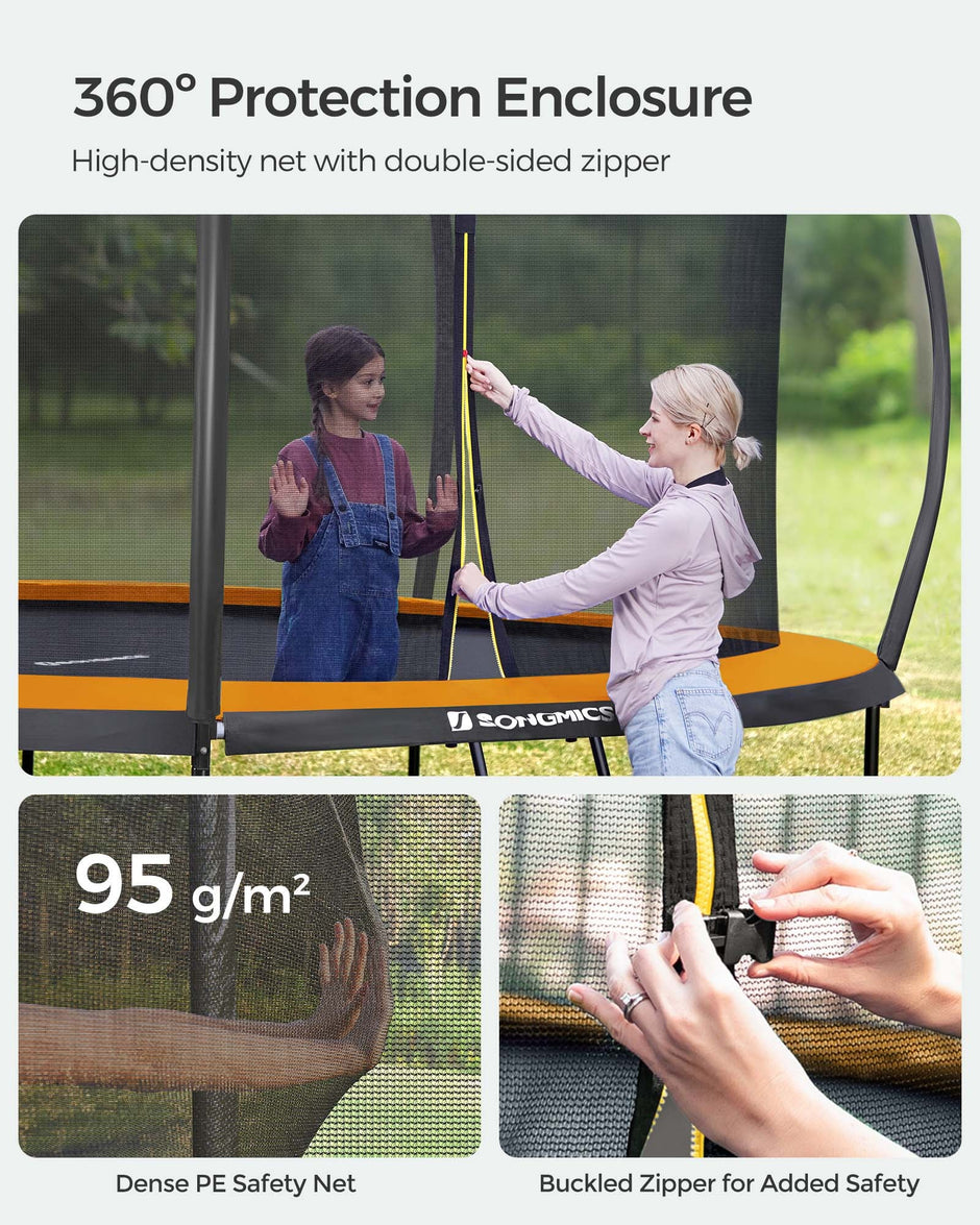 Round Trampoline – Fabric and Metal – 10ft – Safety Net Enclosure with Ladder and Padded Arch Poles