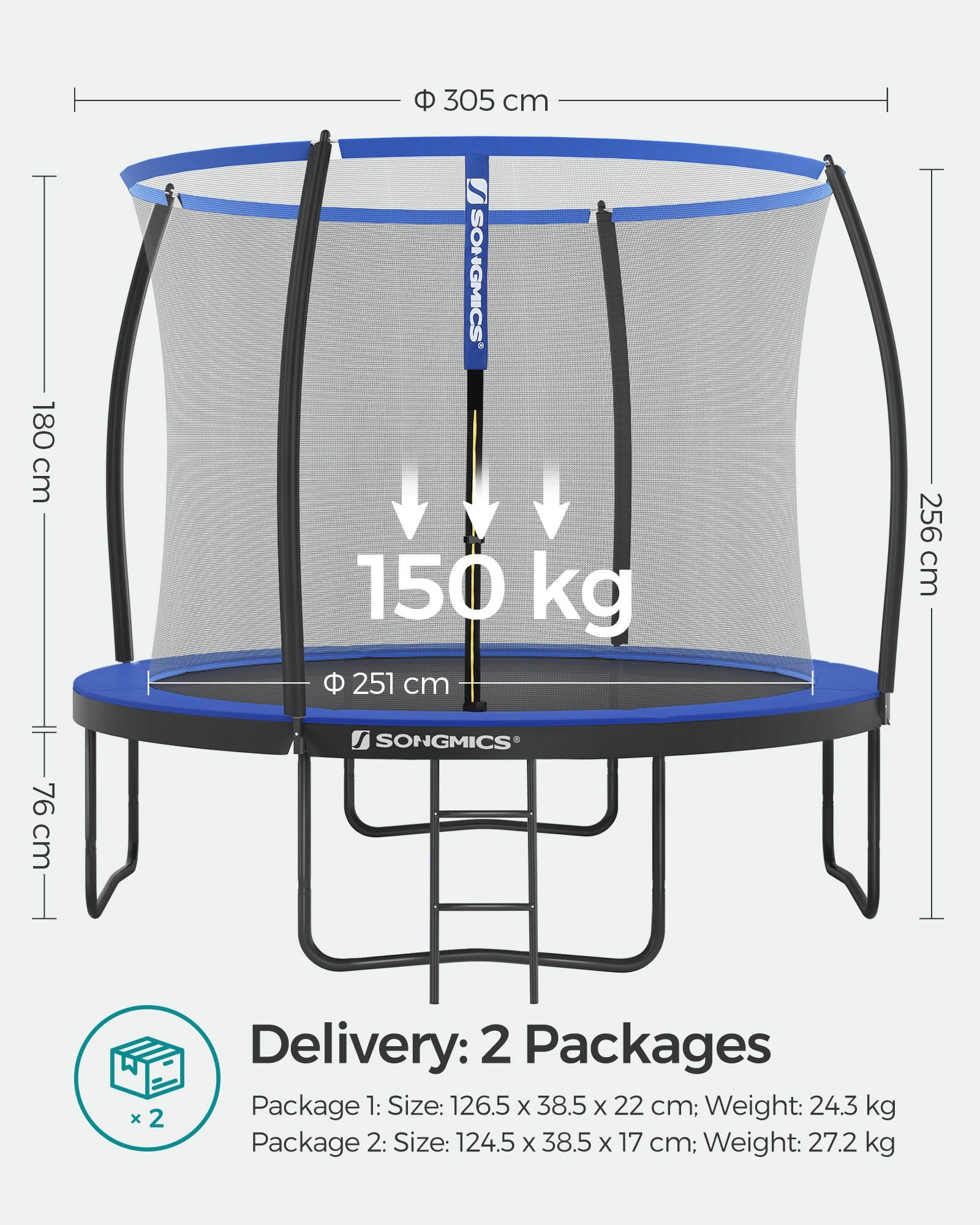 Garden Trampoline – Metal – Round – 10ft with Safety Net and Ladder