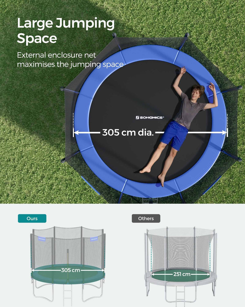 Trampoline – Fabric and Metal – Blue – Complete Set with Safety Enclosure and Ladder, TÜV Certified, 10 FT