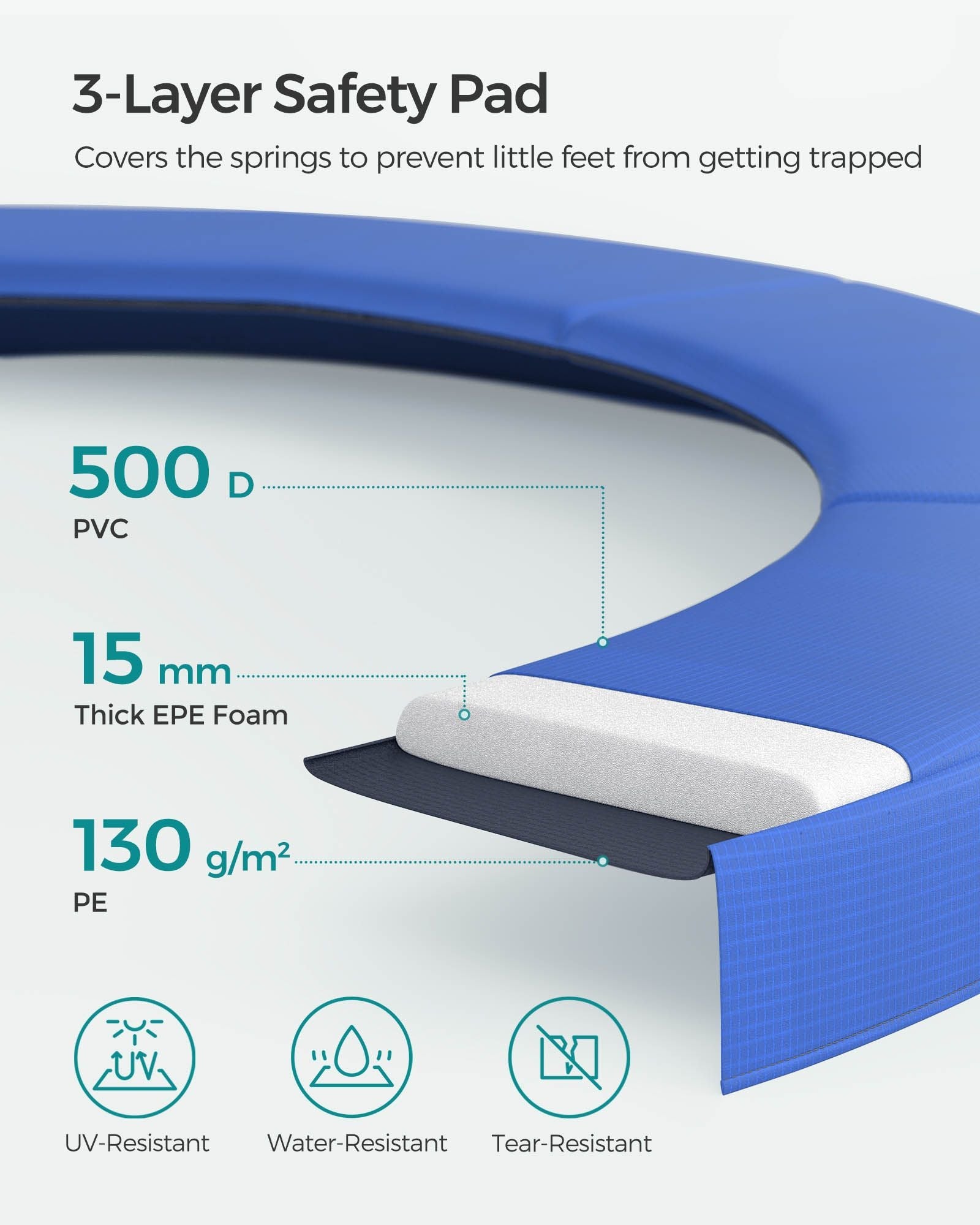Trampoline – Fabric and Metal – Blue – Complete Set with Safety Enclosure and Ladder, TÜV Certified, 10 FT