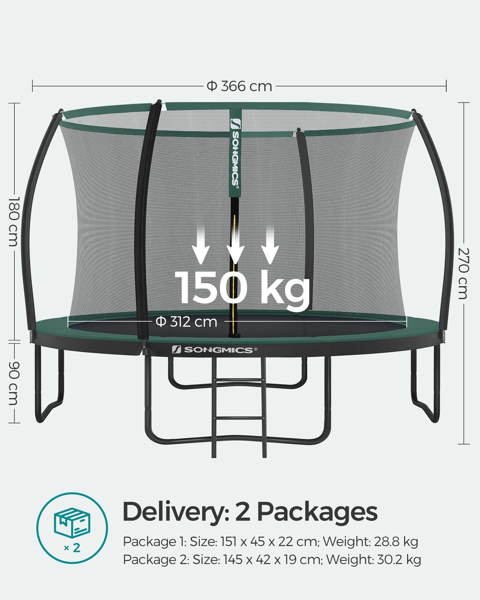 Round Trampoline – Steel – Multi-Color – Includes Safety Net, Ladder, and Padded Arch Poles