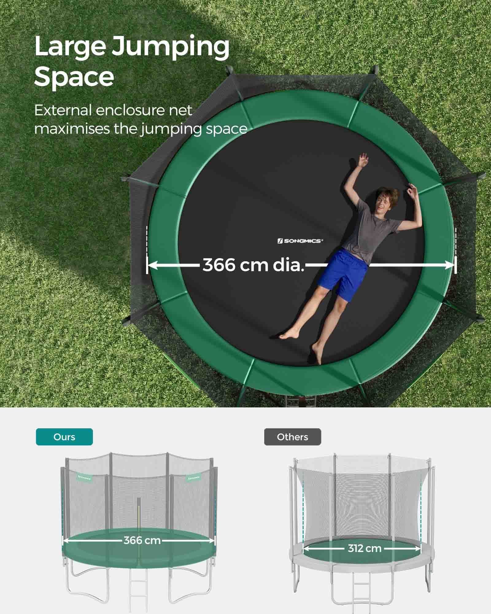 Garden Trampoline – Steel – Black and Orange – 12ft with Safety Net Enclosure and Ladder