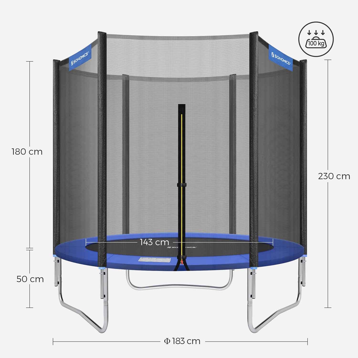 Round Trampoline – Metal – Black and Blue – 6ft with Safety Net Enclosure and Ladder