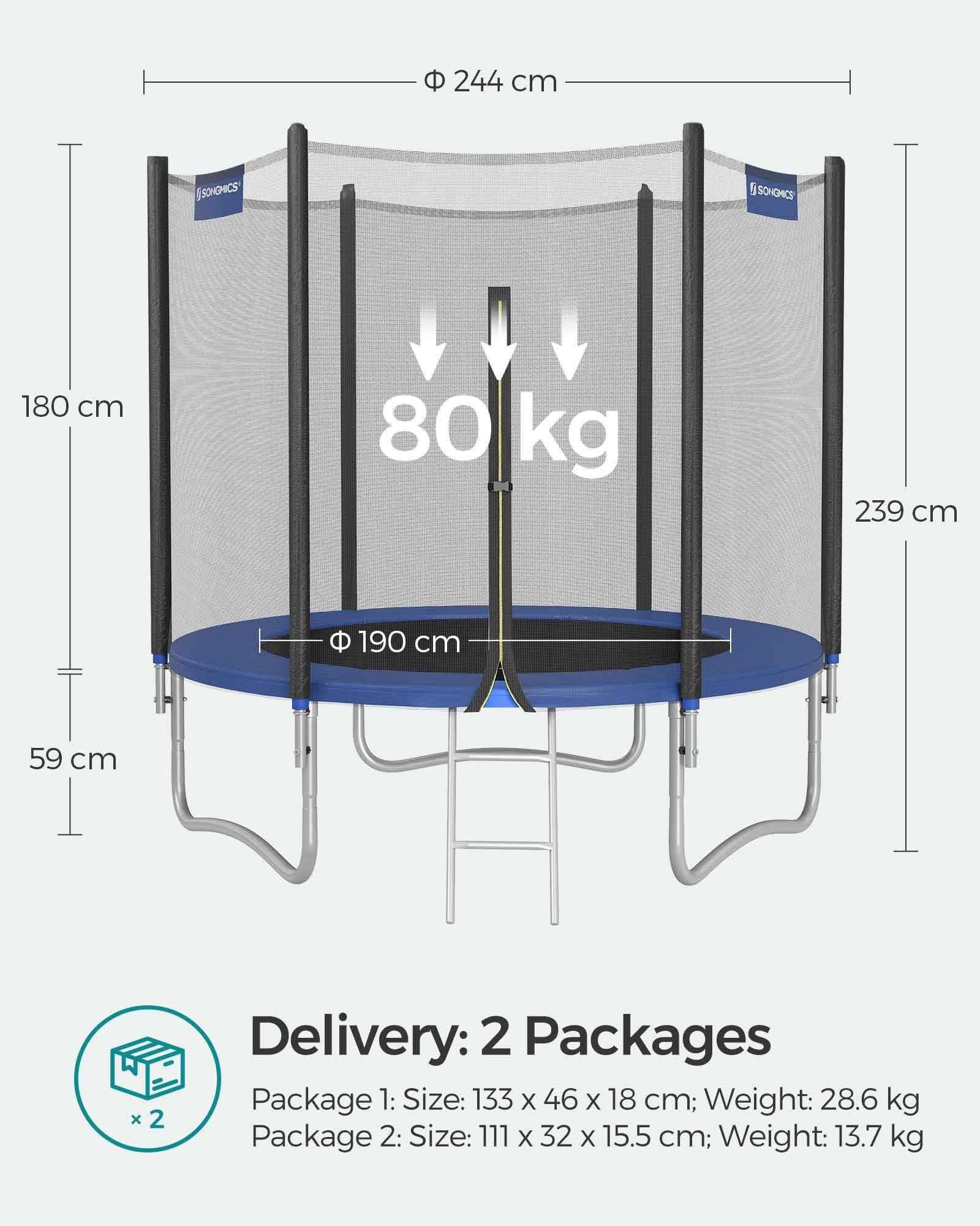 Trampoline – Steel – Blue – Complete Set with Safety Enclosure and Ladder, 8 FT
