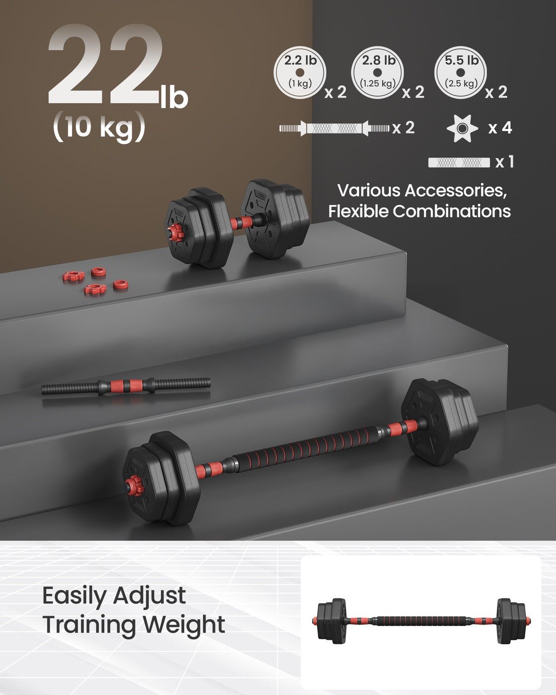 Dumbbell Set – Steel – Various Weights – Adjustable with Connecting Bar