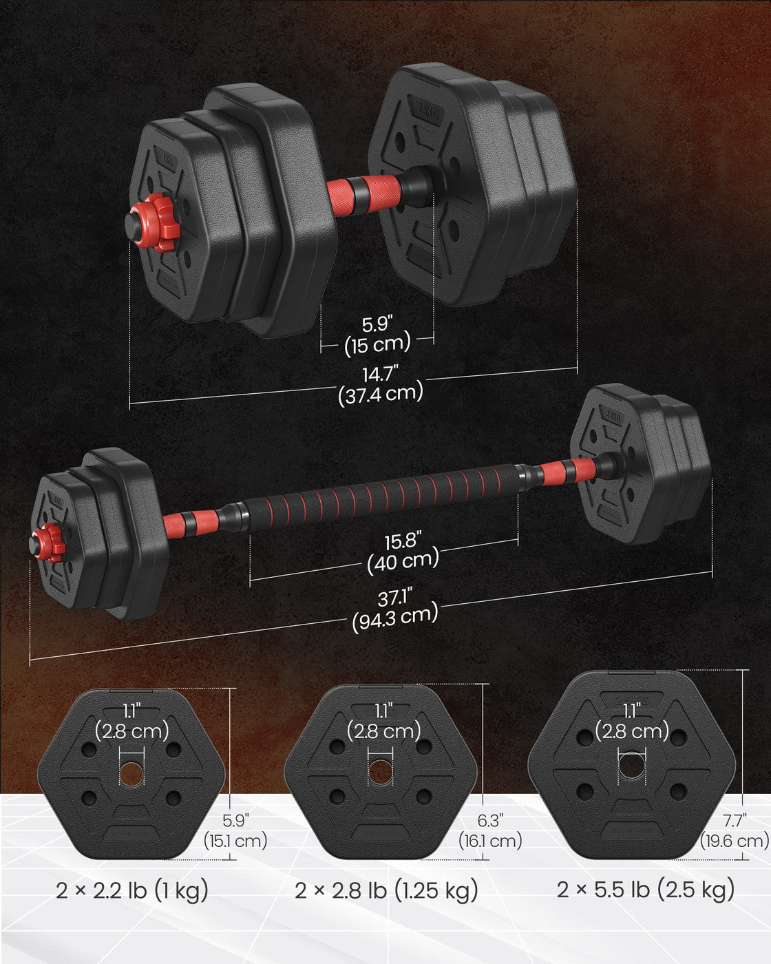 Dumbbell Set – Steel – Various Weights – Adjustable with Connecting Bar
