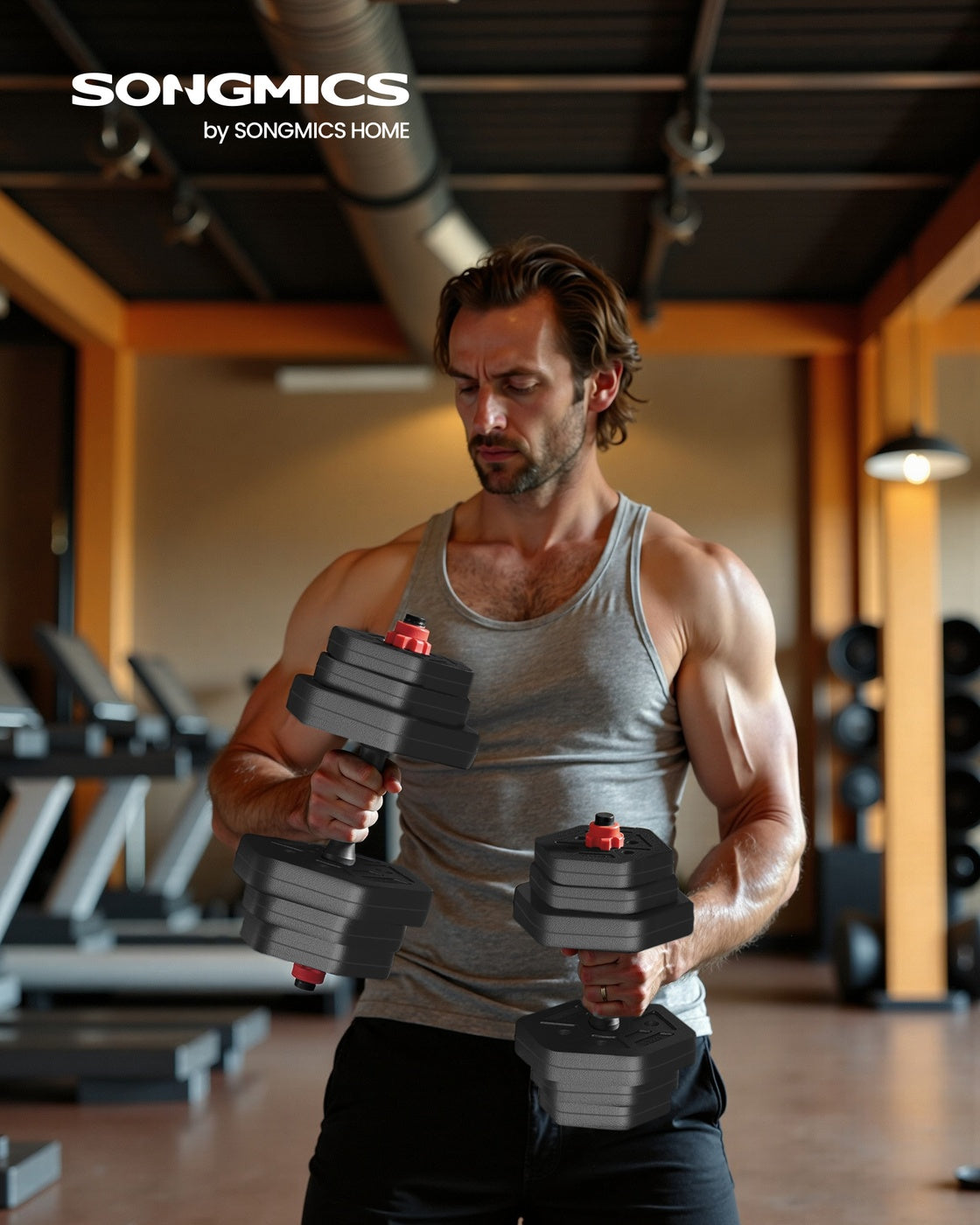 Dumbbell Set – Iron – Silver – Adjustable Weight Plates with Connecting Bar