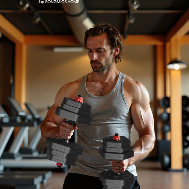 Dumbbell Set – Iron – Silver – Adjustable Weight Plates with Connecting Bar