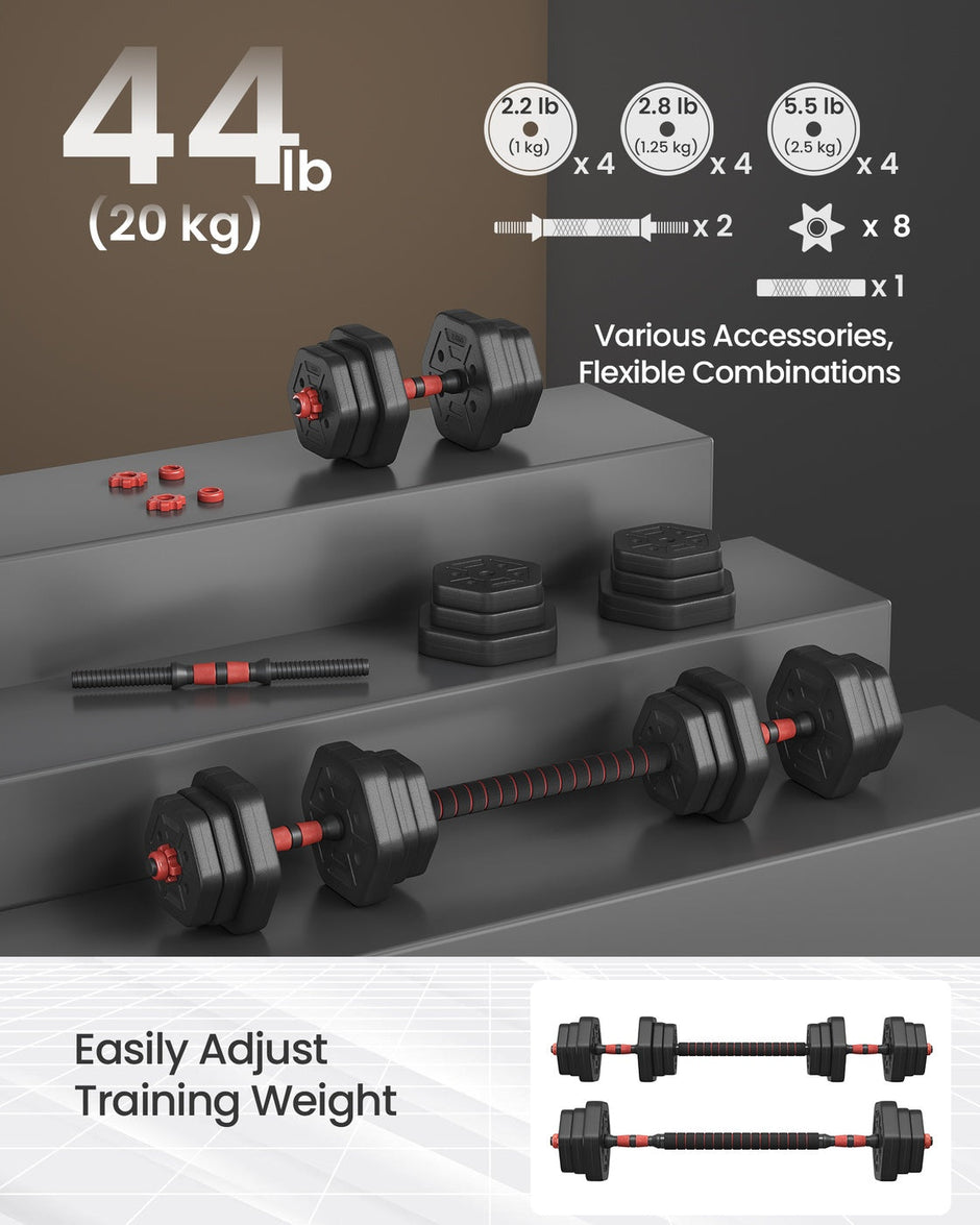 Dumbbell Set – Iron – Silver – Adjustable Weight Plates with Connecting Bar