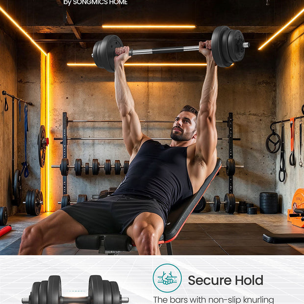 Adjustable Dumbbell Set – Steel – Silver – 2-in-1 with Barbell Bar for Home Gym, 2 x 10kg