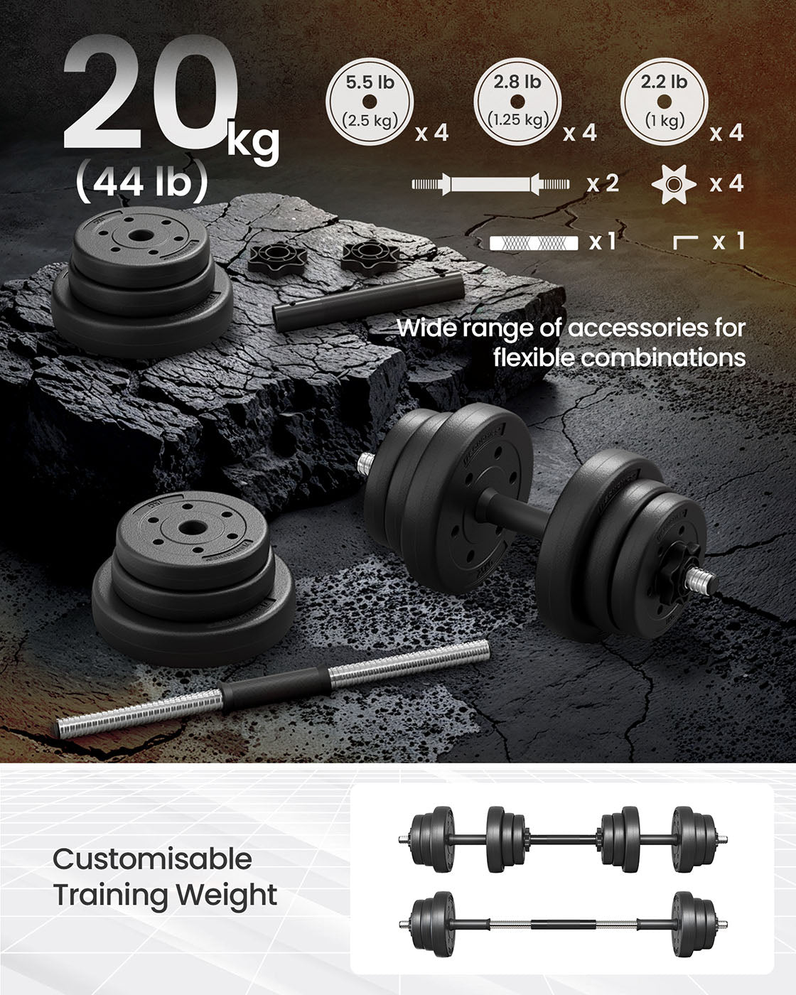 Adjustable Dumbbell Set – Steel – Silver – 2-in-1 with Barbell Bar for Home Gym, 2 x 10kg