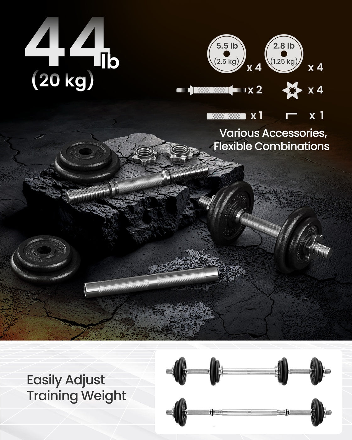 Adjustable Dumbbells – Cast Iron – Orange – Includes Extra Barbell Bar and Removable Protective Covers