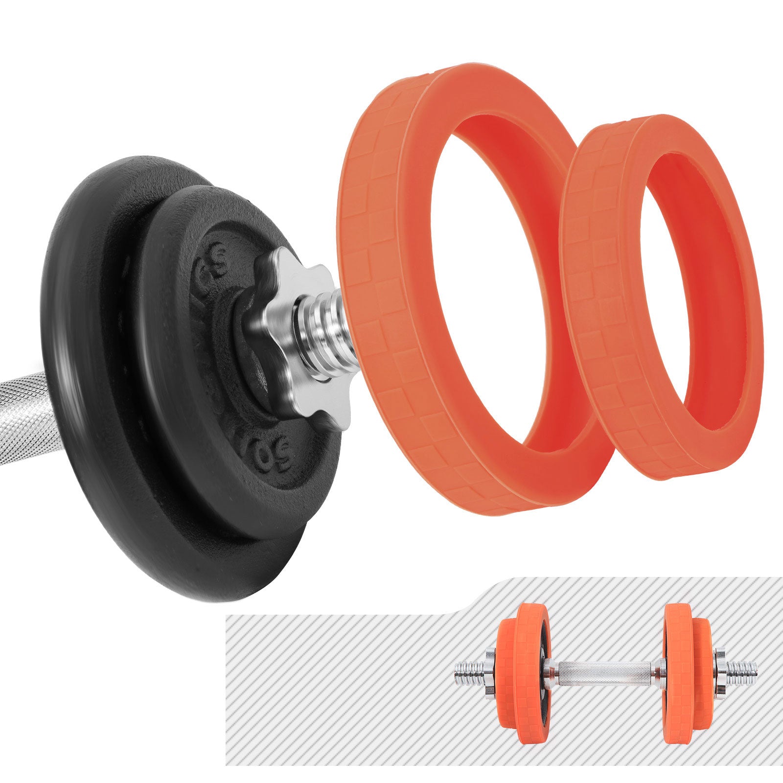 Dumbbell Set – Cast Iron – Orange – Adjustable with Extra Barbell Bar