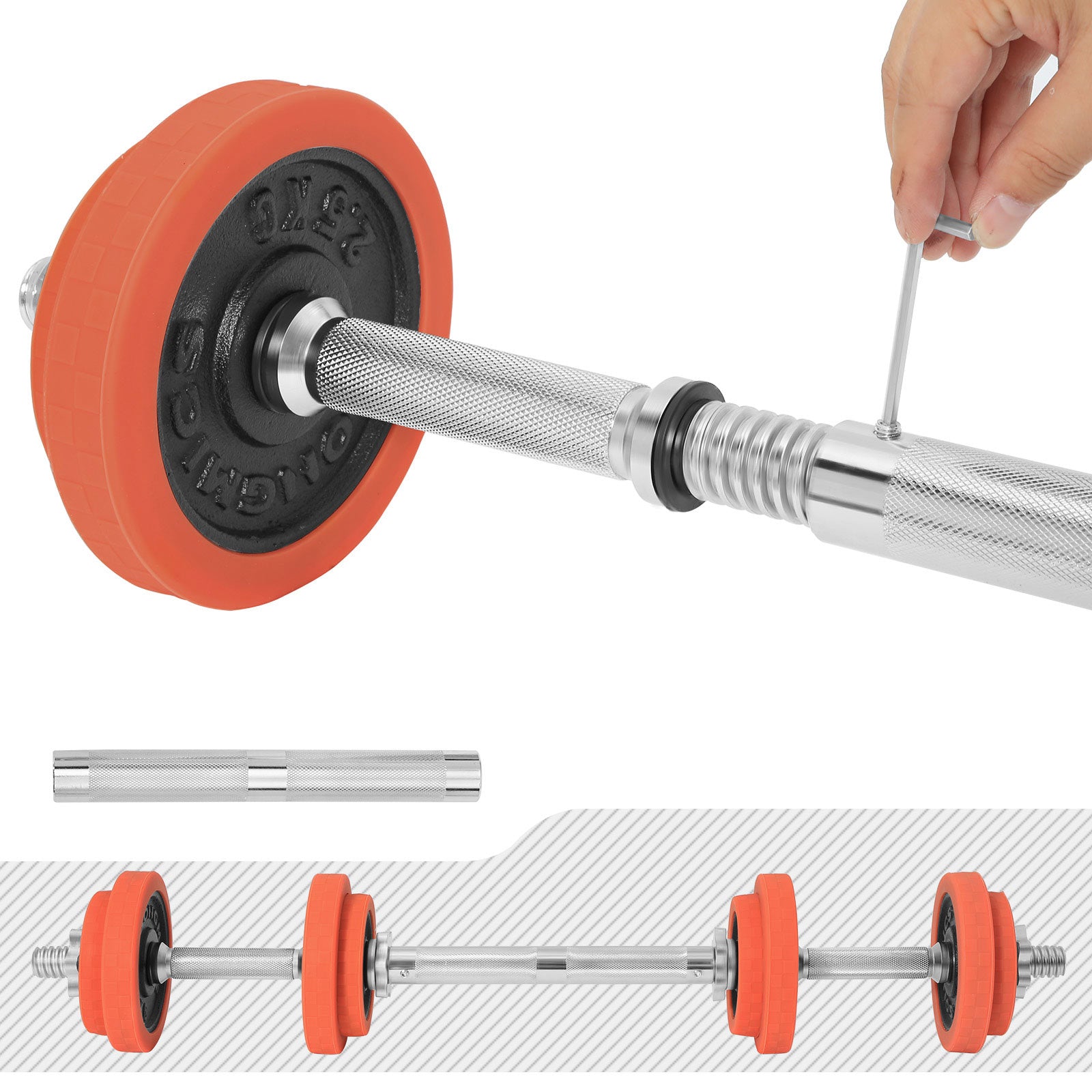 Dumbbell Set – Cast Iron – Orange – Adjustable with Extra Barbell Bar