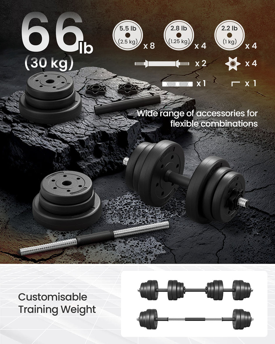 Adjustable Dumbbells Set – Steel – Black – Includes Extra Barbell Bar, 30 KG