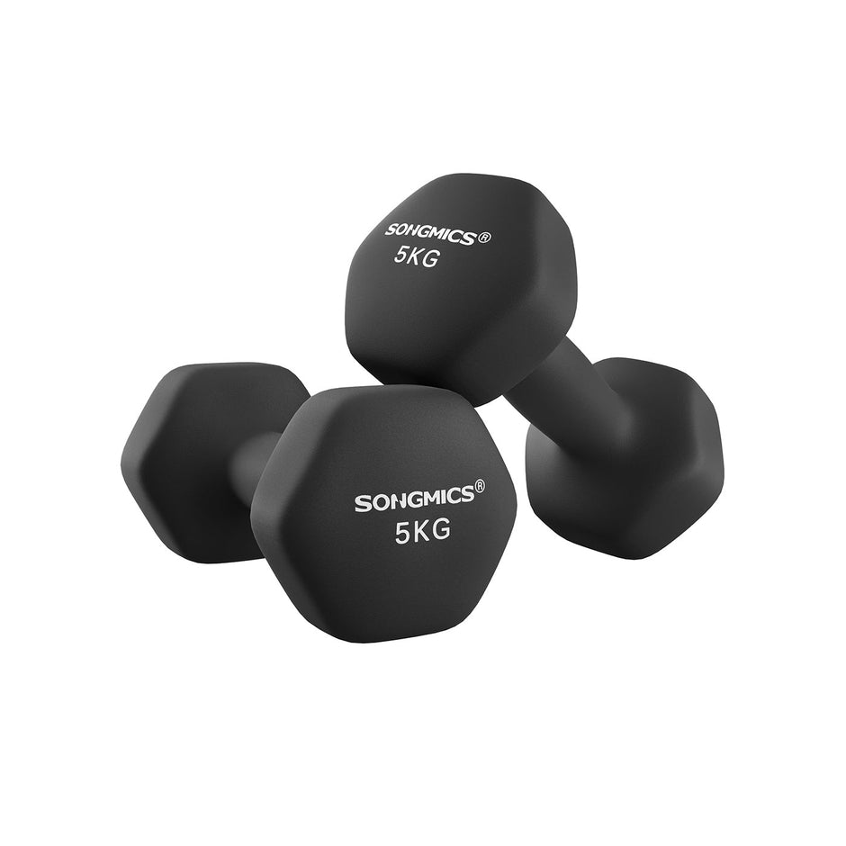 Dumbbell Set – Vinyl Coating – Black – Waterproof and Non-Slip with Matte Finish – 2 x 5 kg
