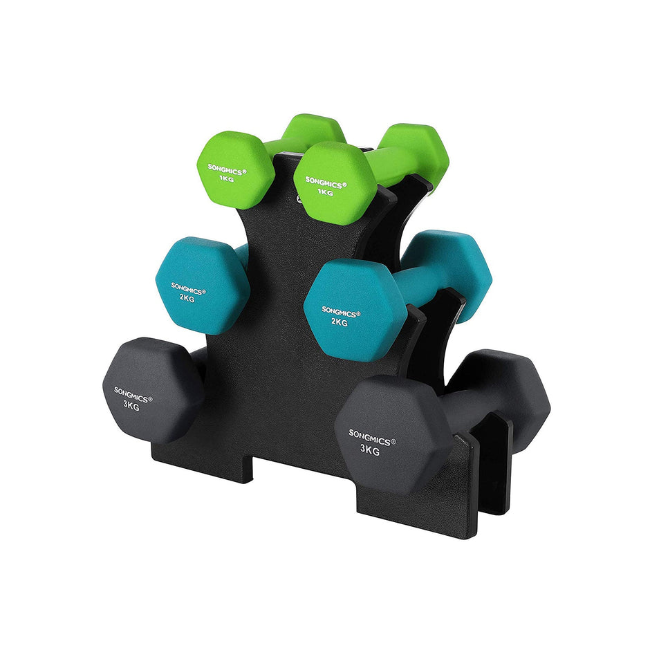 Dumbbell Kit – Neoprene – Lime, Teal, Grey – Includes Storage Stand