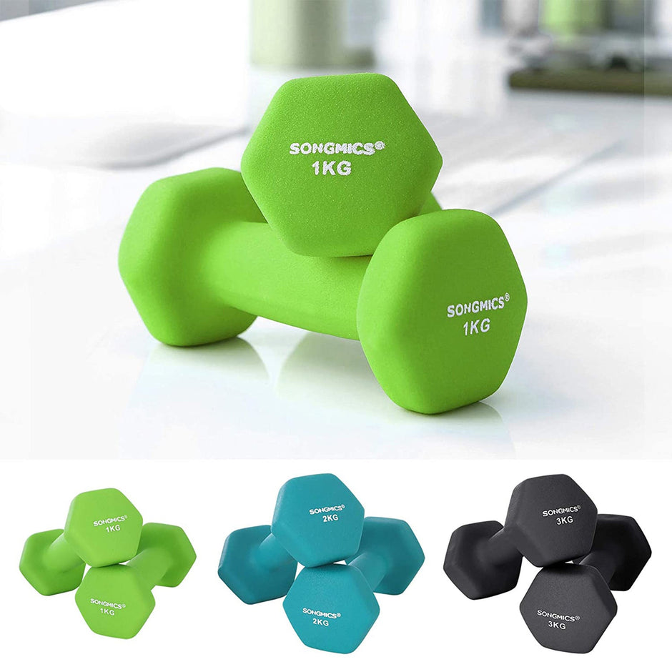 Dumbbell Kit – Neoprene – Lime, Teal, Grey – Includes Storage Stand