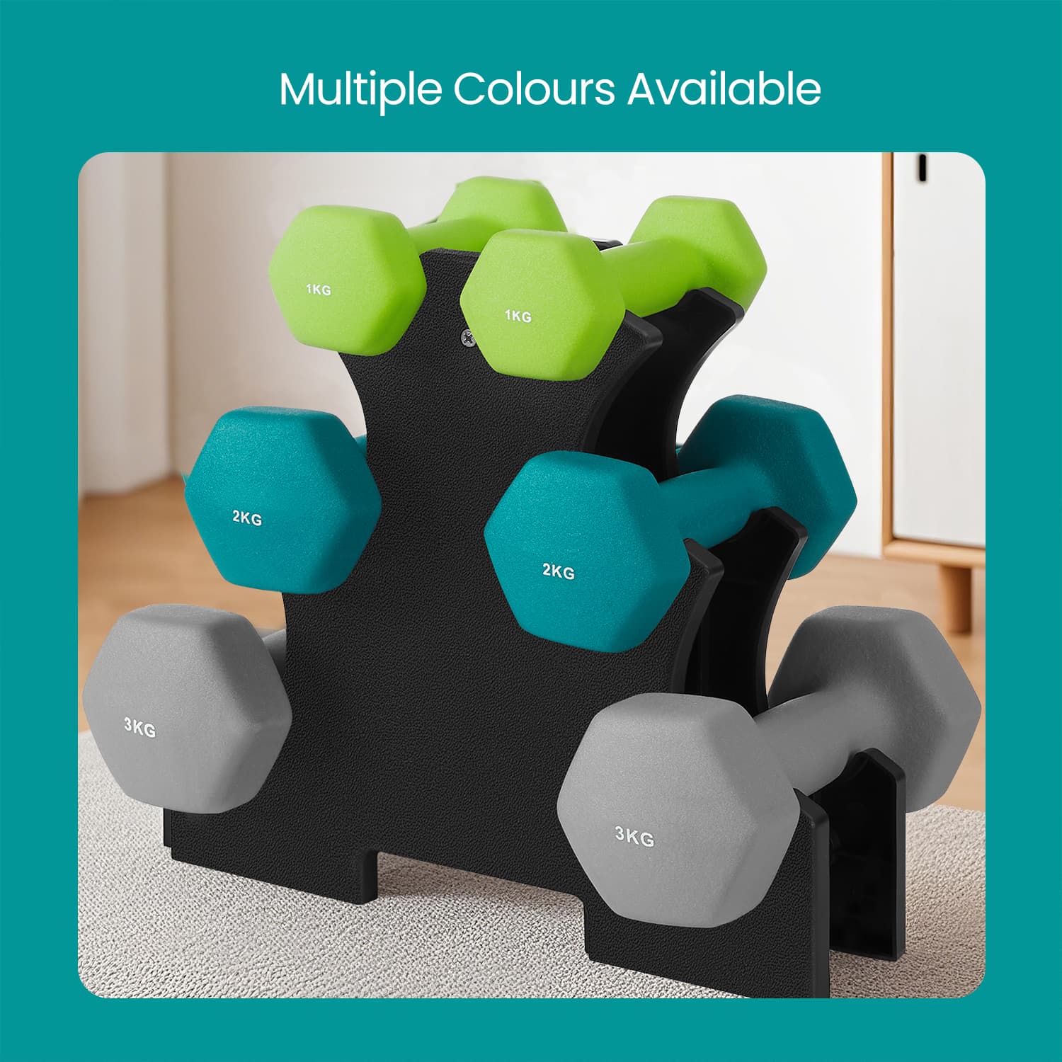 Dumbbell Set – Neoprene – Lime, Teal, Light Grey – Non-Slip with Stand, Includes 1 kg, 2 kg, and 3 kg Weights