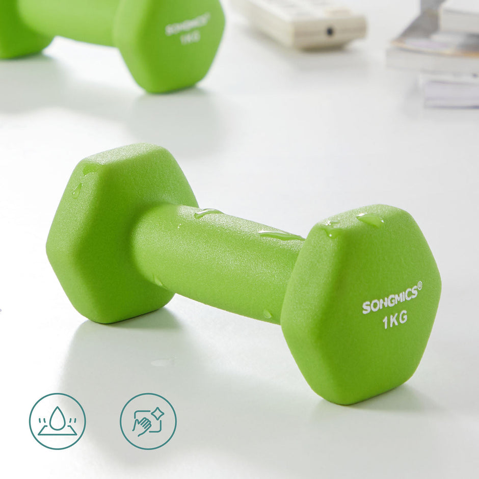 Hex Dumbbells Set – Neoprene – Lime, Teal, Grey – Includes Stand, 2 x 1 kg, 2 x 2 kg, 2 x 3 kg