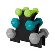 Hex Dumbbells Set – Neoprene – Lime, Teal, Grey – Includes Stand, 2 x 1 kg, 2 x 2 kg, 2 x 3 kg