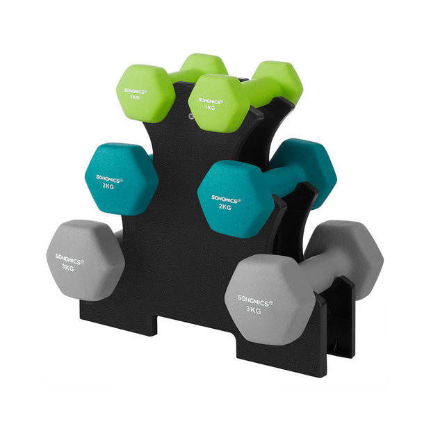Hex Dumbbells Set – Neoprene – Lime, Teal, Grey – Includes Stand, 2 x 1 kg, 2 x 2 kg, 2 x 3 kg