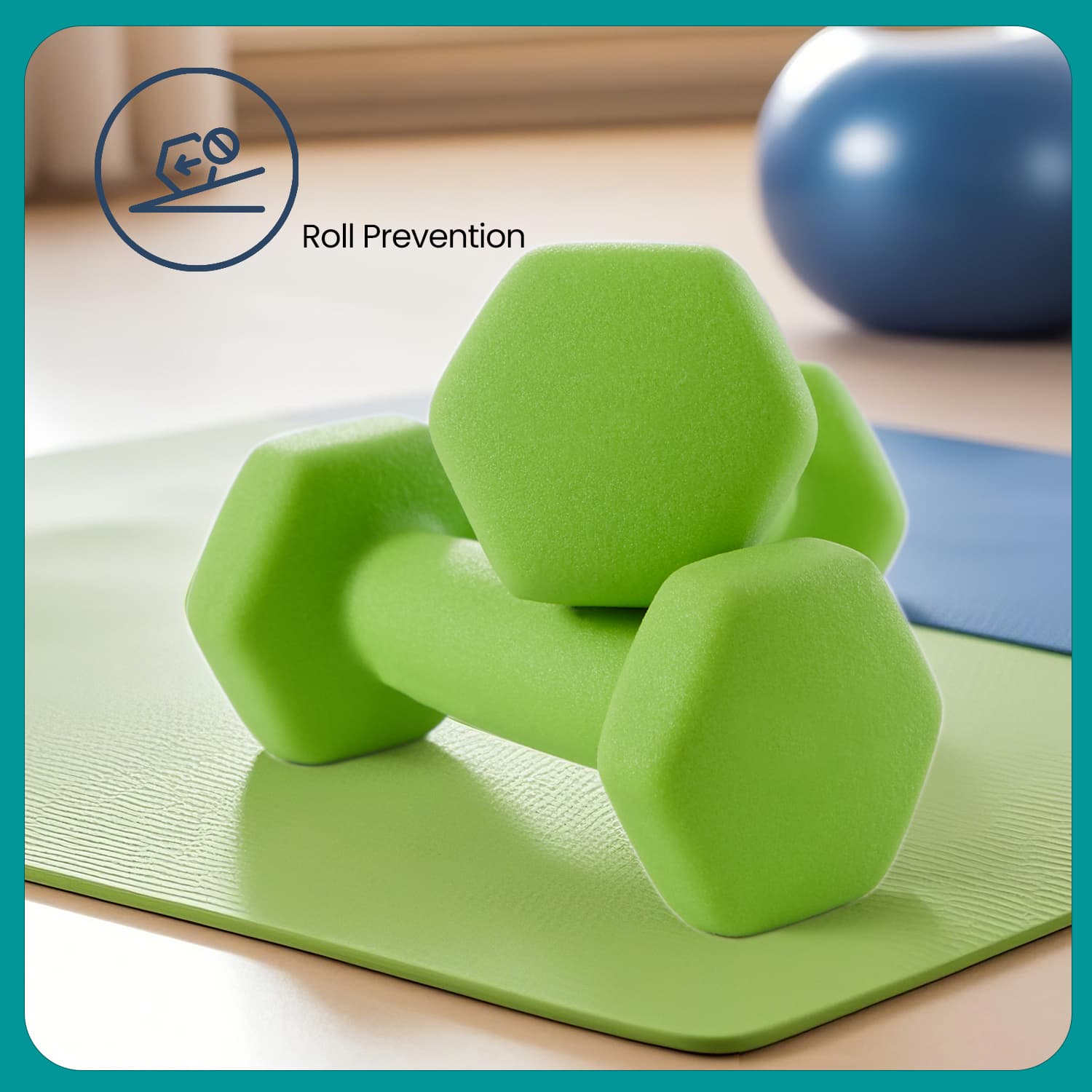 Dumbbell Set – Neoprene – Lime, Teal, Light Grey – Non-Slip with Stand, Includes 1 kg, 2 kg, and 3 kg Weights
