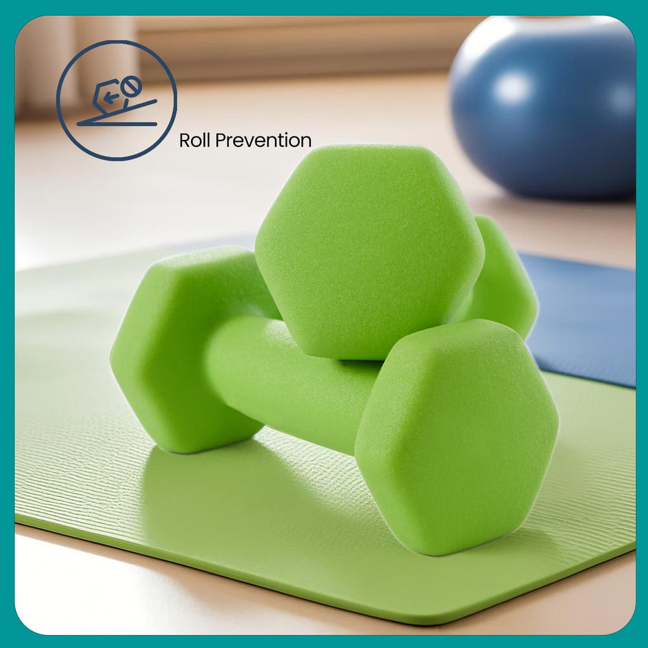 Dumbbell Set – Neoprene – Lime, Teal, Light Grey – Non-Slip with Stand, Includes 1 kg, 2 kg, and 3 kg Weights