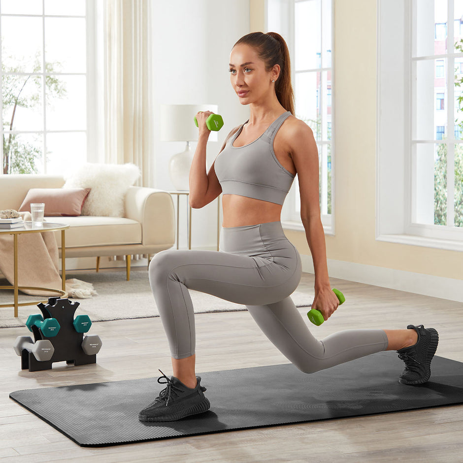 Hex Dumbbells Set – Neoprene – Lime, Teal, Grey – Includes Stand, 2 x 1 kg, 2 x 2 kg, 2 x 3 kg