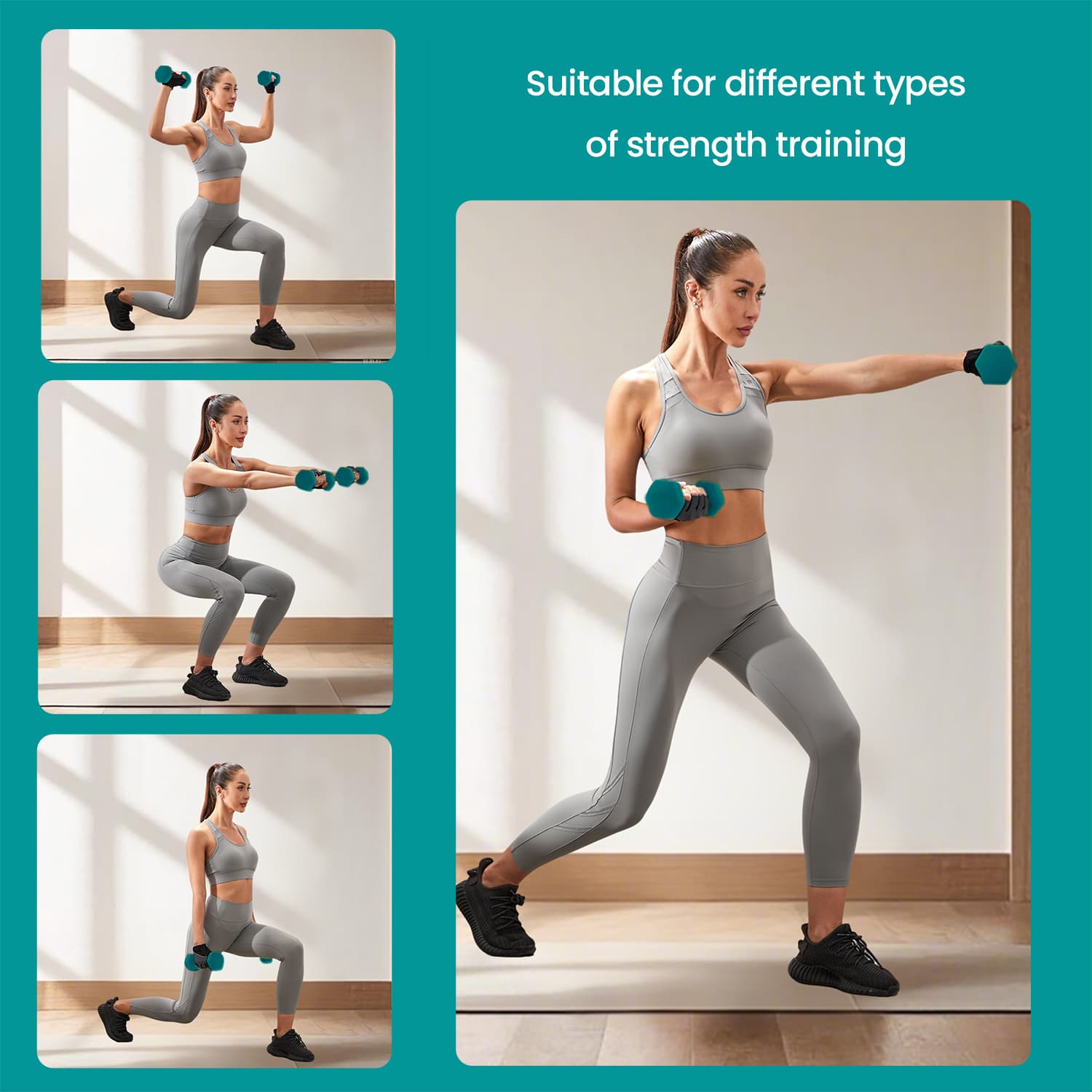 Dumbbell Set – Neoprene – Lime, Teal, Light Grey – Non-Slip with Stand, Includes 1 kg, 2 kg, and 3 kg Weights