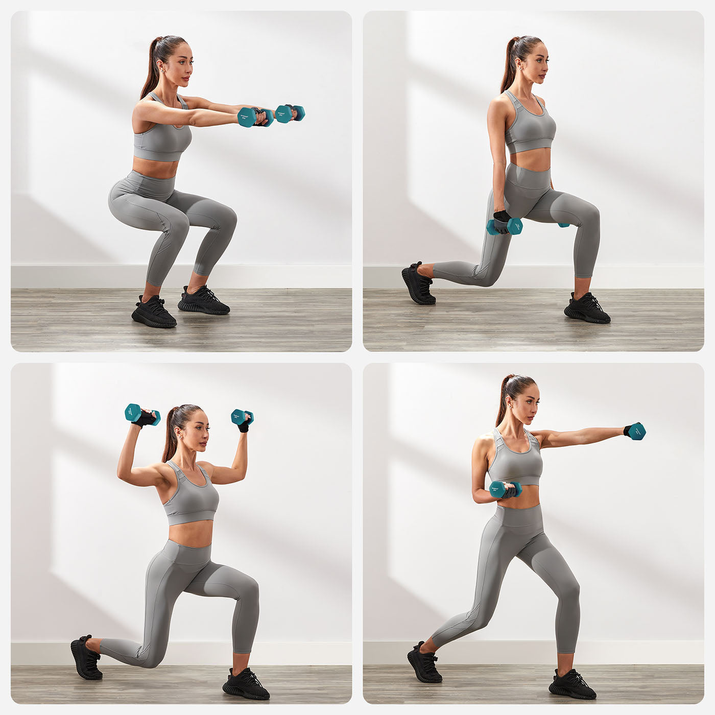 Hex Dumbbells Set – Neoprene – Lime, Teal, Grey – Includes Stand, 2 x 1 kg, 2 x 2 kg, 2 x 3 kg