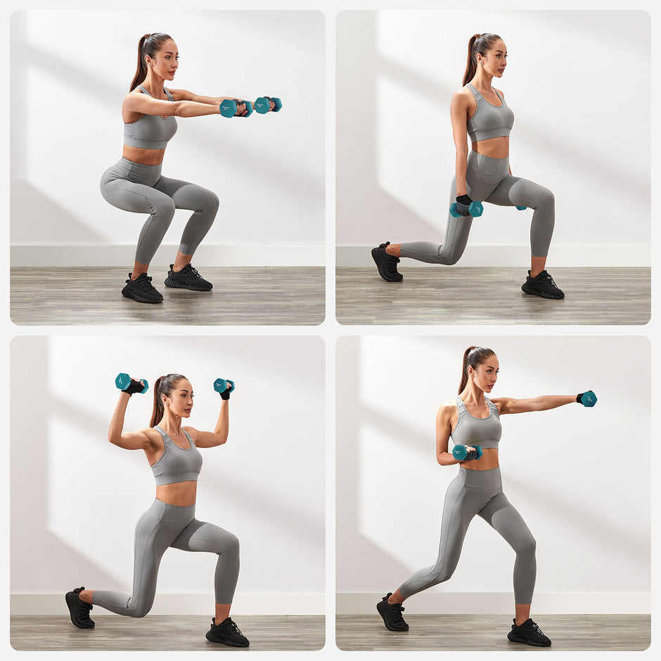 Hex Dumbbells Set – Neoprene – Lime, Teal, Grey – Includes Stand, 2 x 1 kg, 2 x 2 kg, 2 x 3 kg