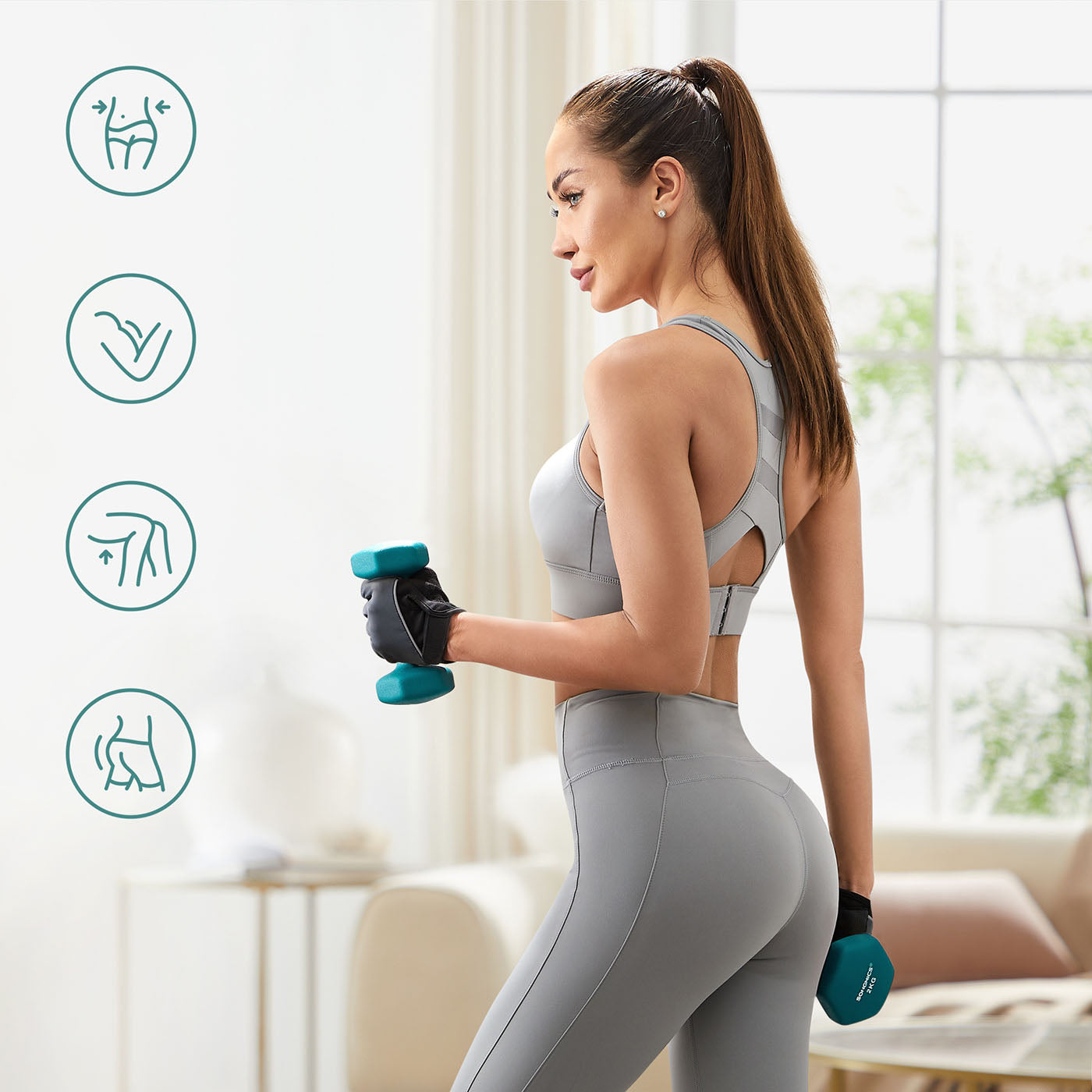 Hex Dumbbells Set – Neoprene – Lime, Teal, Grey – Includes Stand, 2 x 1 kg, 2 x 2 kg, 2 x 3 kg