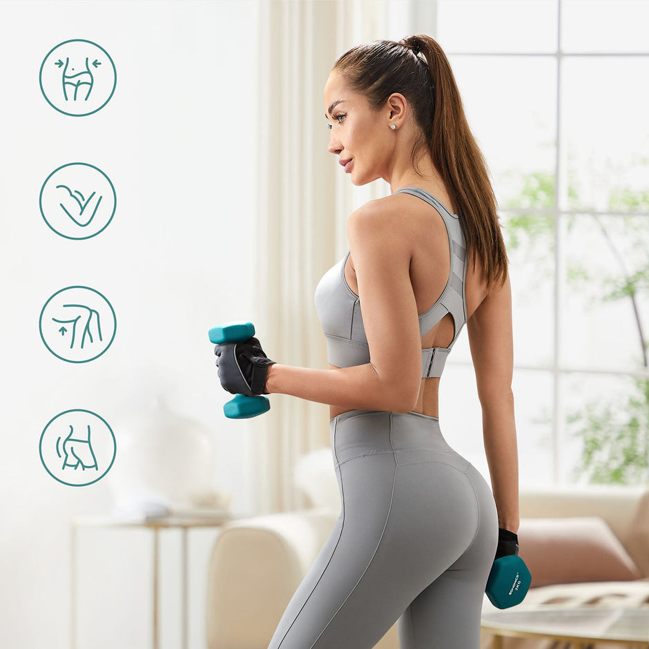 Hex Dumbbells Set – Neoprene – Lime, Teal, Grey – Includes Stand, 2 x 1 kg, 2 x 2 kg, 2 x 3 kg