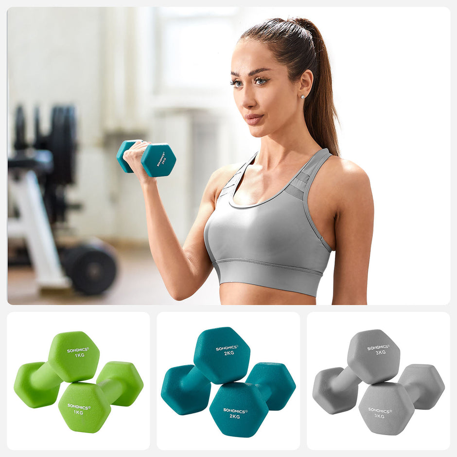 Hex Dumbbells Set – Neoprene – Lime, Teal, Grey – Includes Stand, 2 x 1 kg, 2 x 2 kg, 2 x 3 kg