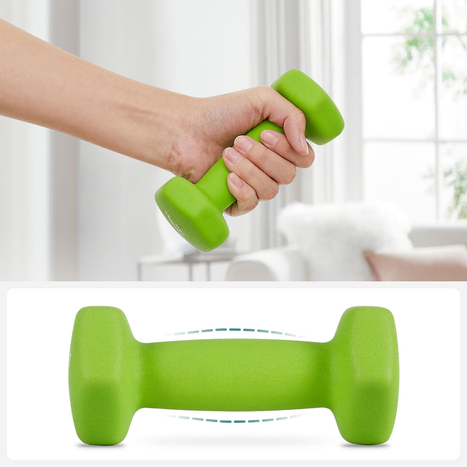 Hex Dumbbells Set – Neoprene – Lime, Teal, Grey – Includes Stand, 2 x 1 kg, 2 x 2 kg, 2 x 3 kg